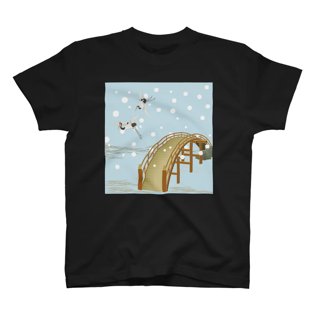 Musashi和柄Shop 【Japanese pattern】の鶴と雪Tシャツ スタンダードTシャツ