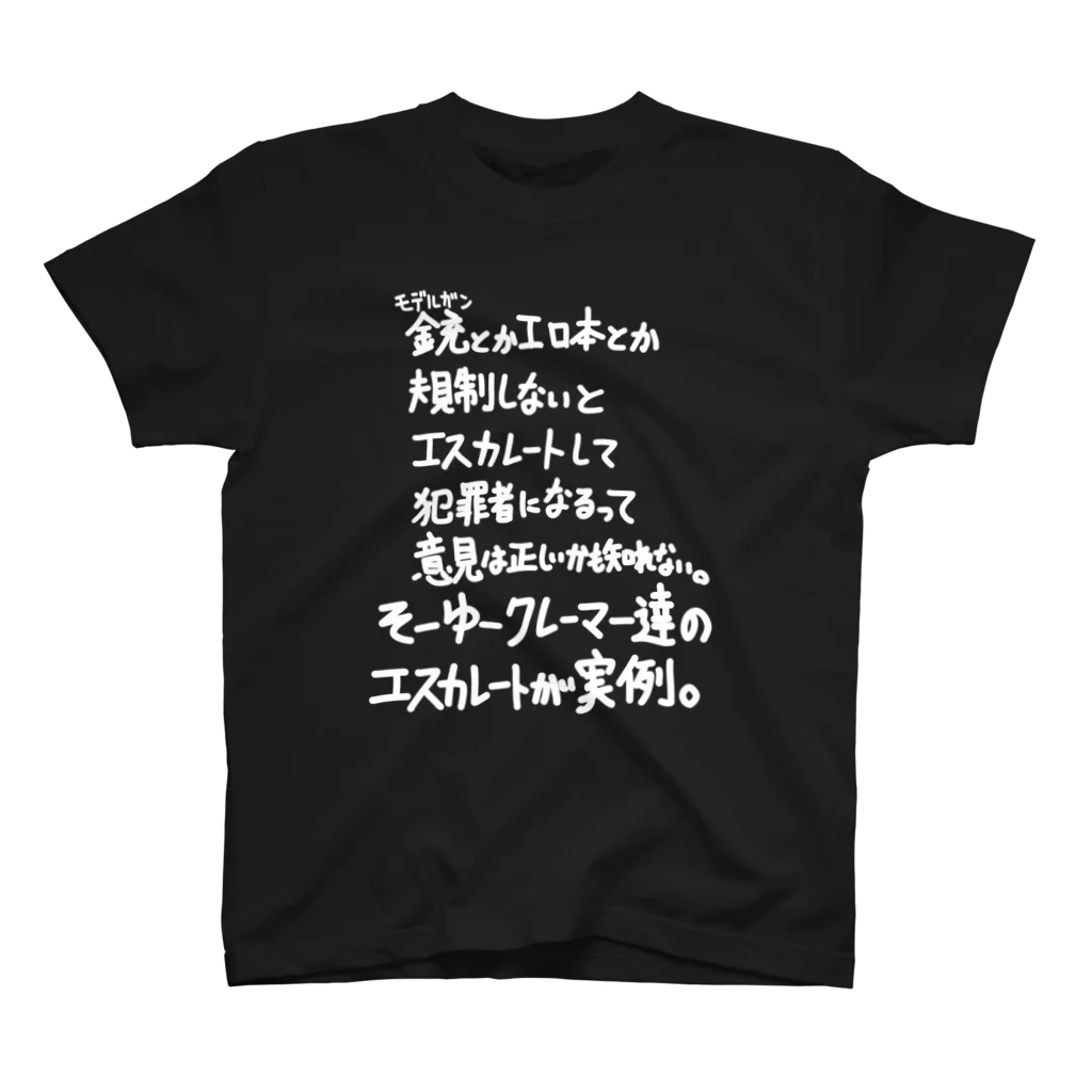 OPUS ONE & meno mossoの「銃とかエロ本とか」看板ネタTシャツその16白字 スタンダードTシャツ