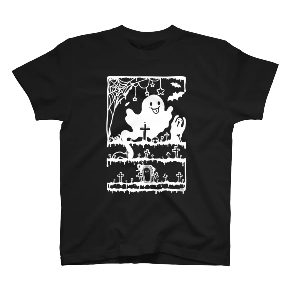 Cɐkeccooのおばけちゃんばぁ!(Boo!ゴースト)墓地で練習中-白-らくがきシリーズ スタンダードTシャツ