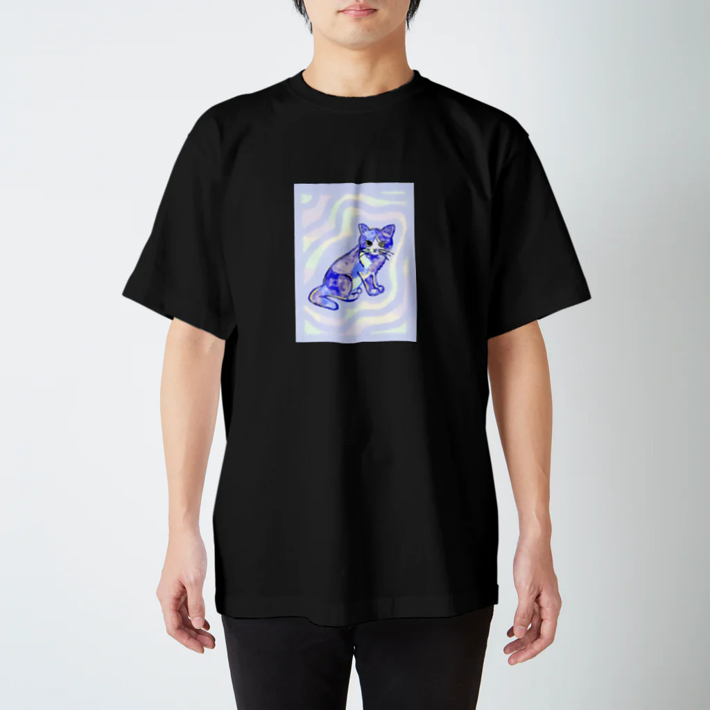 キイロイオハナのハチワレ猫　(水彩画:ブルー) Regular Fit T-Shirt