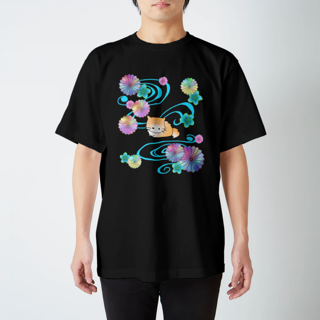 いろはにゃんこ堂のグラデーションの花と短い足の猫さん Regular Fit T-Shirt