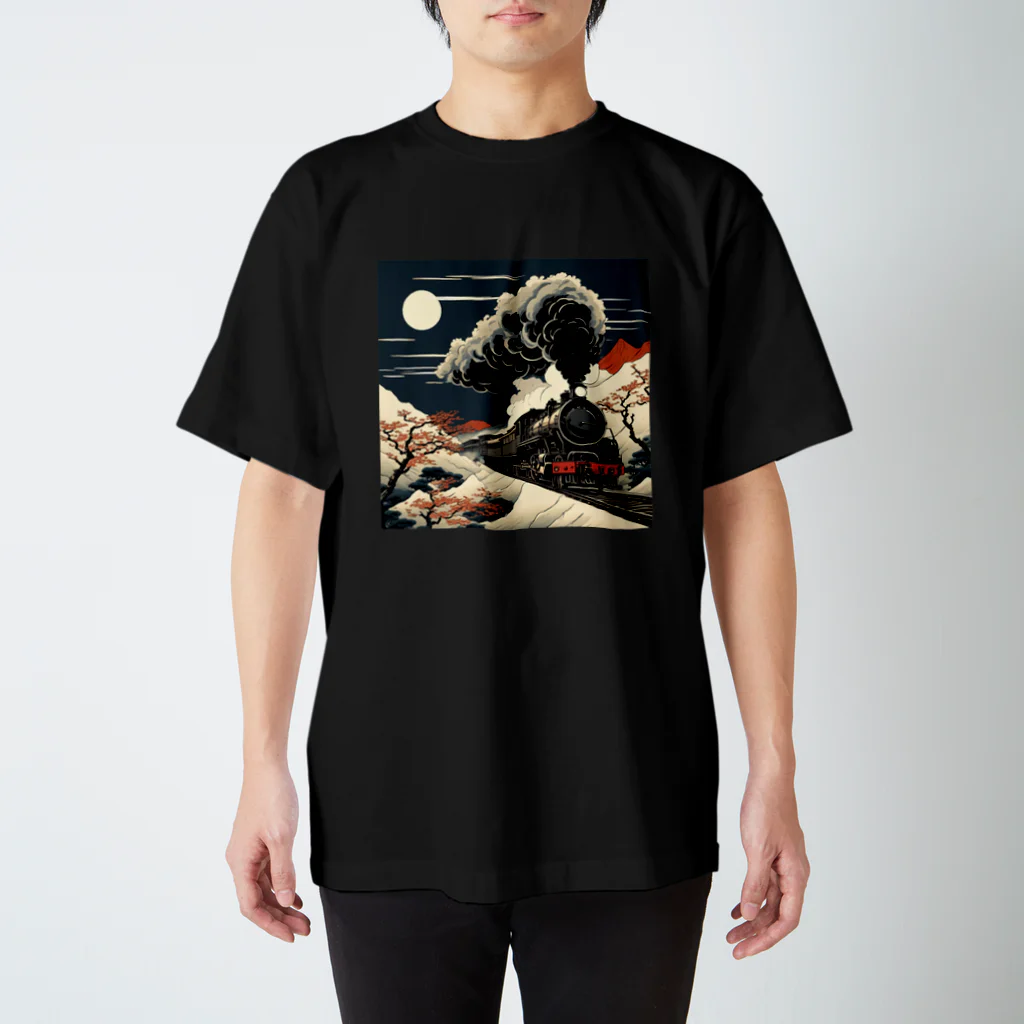 日本の風景 COOL JAPANの日本の風景:月夜のSL 蒸気機関車、Japanese senery: SL steam locomotive on a moonlit night Regular Fit T-Shirt