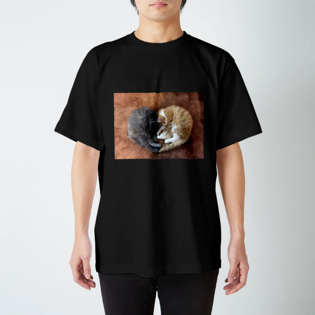 ネコまにあ 【12匹の猫➕うずら】の＠suzukotegin   そうすけ&はな ハート スタンダードTシャツ