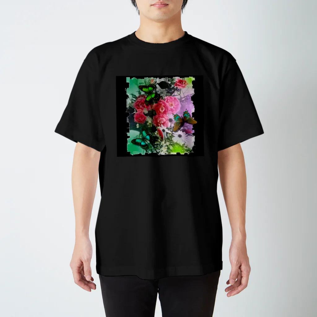 ｔ８６ｎ　オリジナルの花と蝶々　黒地 スタンダードTシャツ