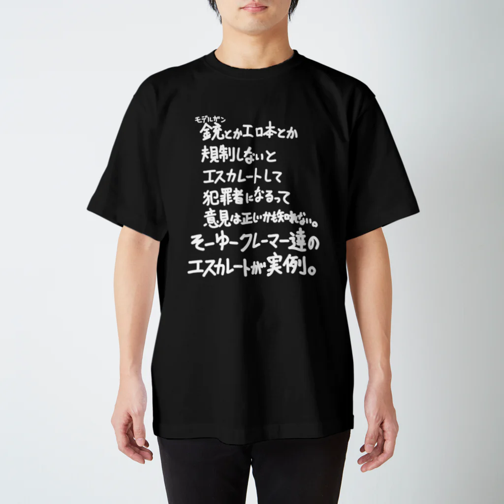 OPUS ONE & meno mossoの「銃とかエロ本とか」看板ネタTシャツその16白字 スタンダードTシャツ