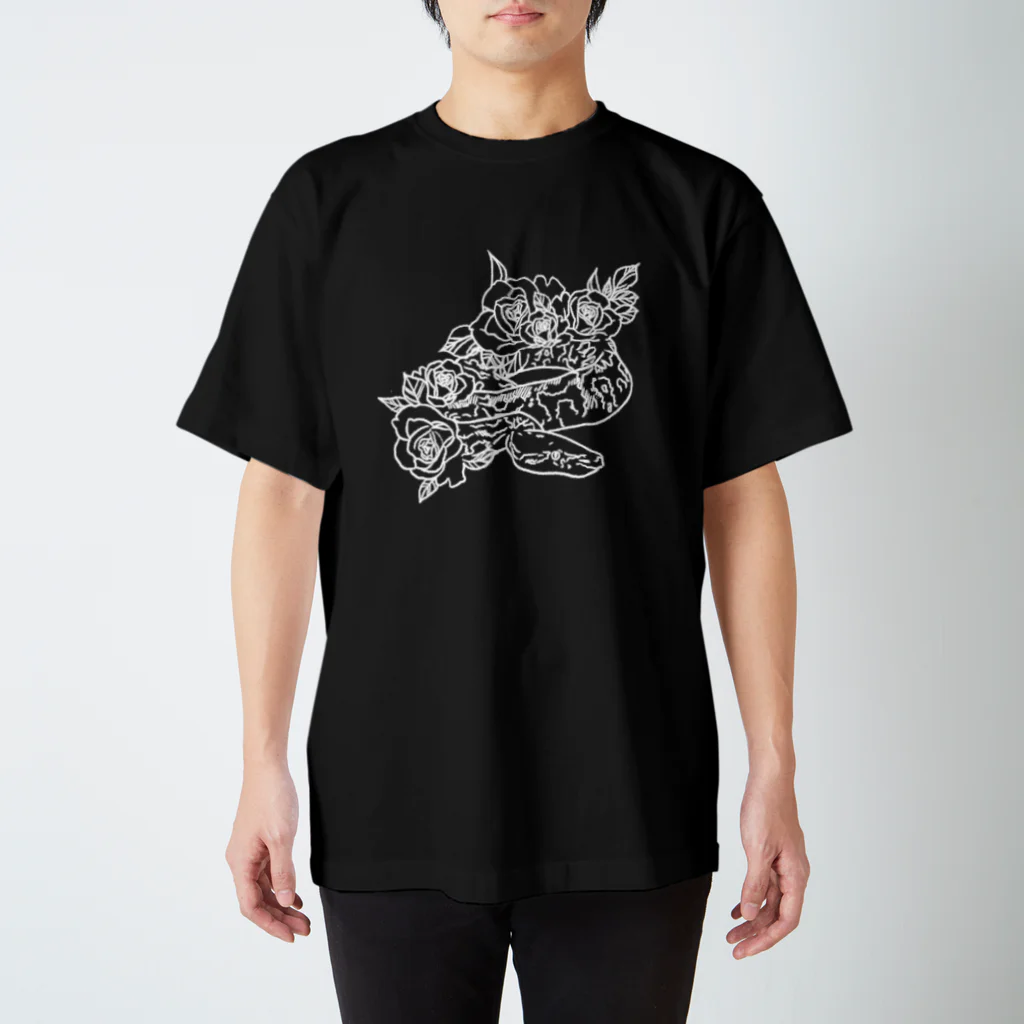 KakeraPlants(カケラプランツ)の｢omochi｣(線画/白抜き)アルビノボールパイソン スタンダードTシャツ