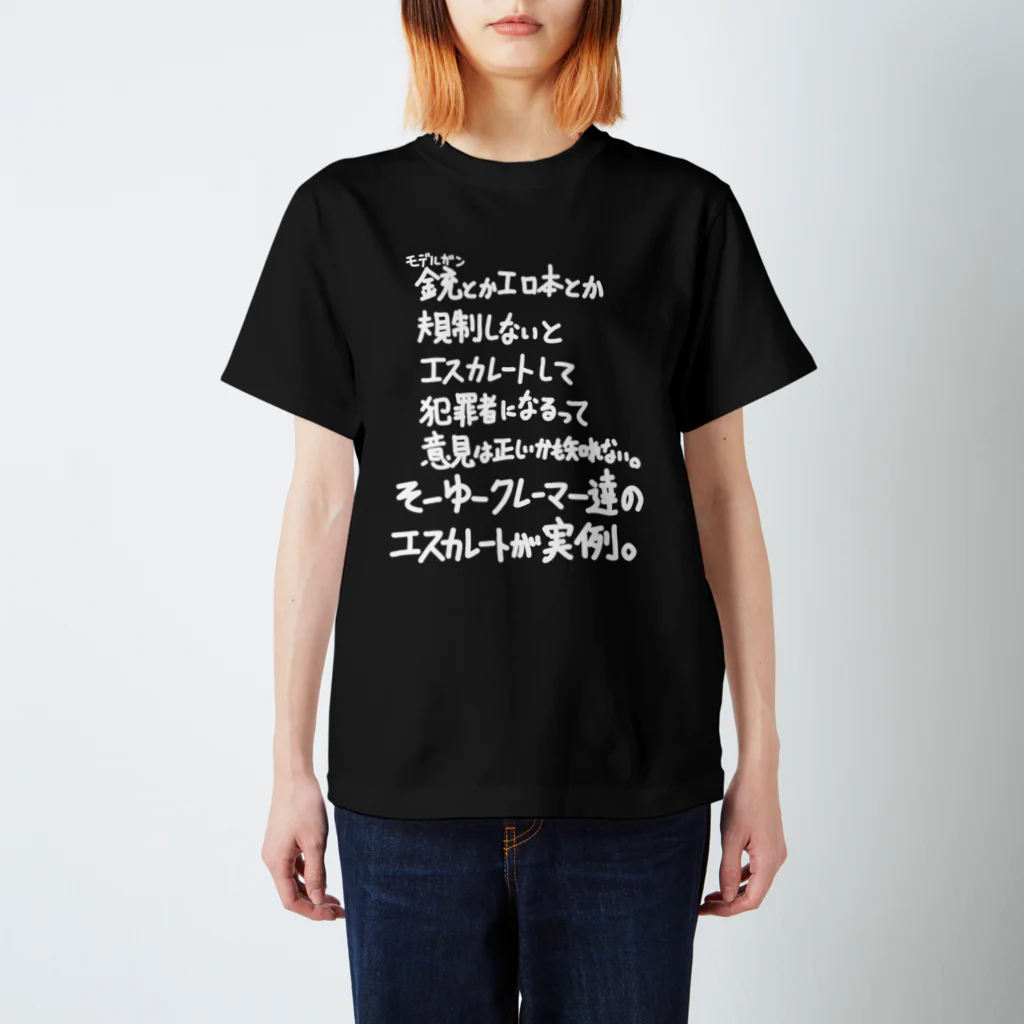 OPUS ONE & meno mossoの「銃とかエロ本とか」看板ネタTシャツその16白字 スタンダードTシャツ