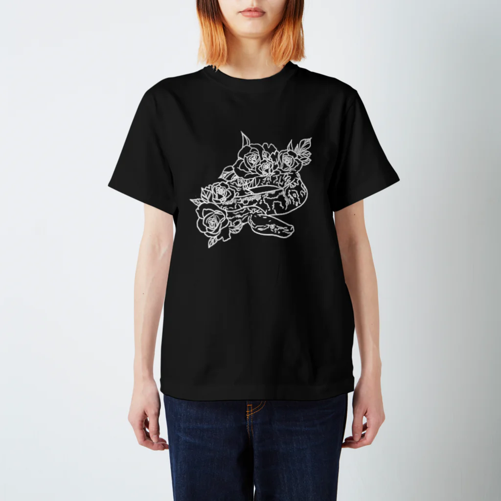 KakeraPlants(カケラプランツ)の｢omochi｣(線画/白抜き)アルビノボールパイソン 티셔츠