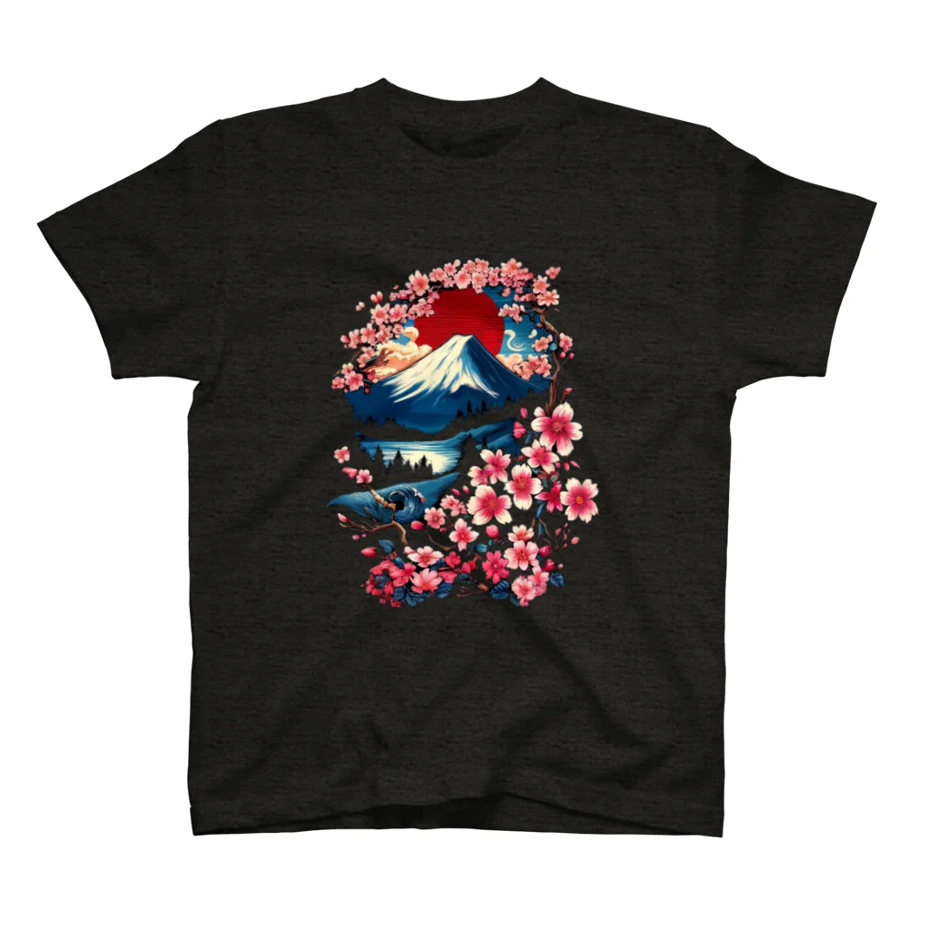 Dowgaa Design JPの浮世絵風富士と桜 スタンダードTシャツ