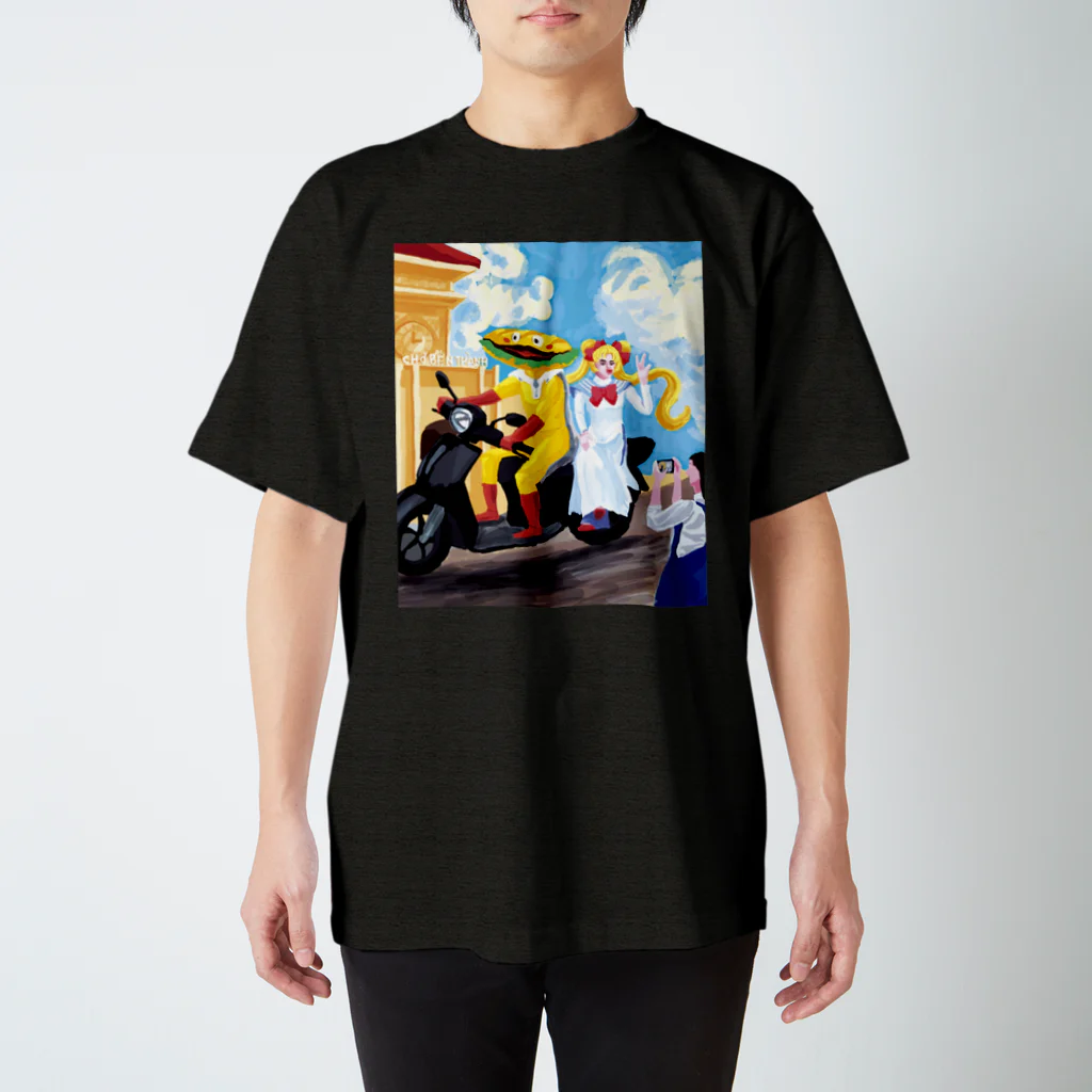 NOSMOKINGJAPANのバインミーマンとベトナムレディーの2人乗りバイク in Saigon スタンダードTシャツ