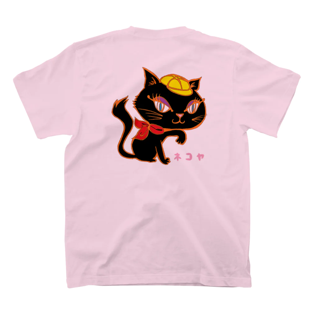 「中華居酒屋 ねこや」マーチャンダイズストアのねこや-黒ミミバージョン(猫家、straycat) スタンダードTシャツの裏面