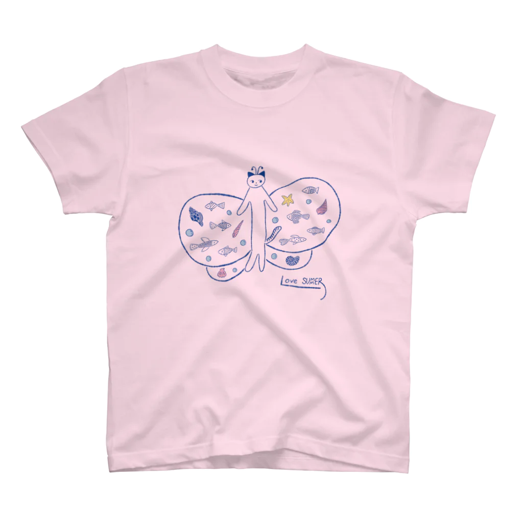 Futakawa Mayuのグッズショップのちょうちょ　ねこ　ブルー スタンダードTシャツ