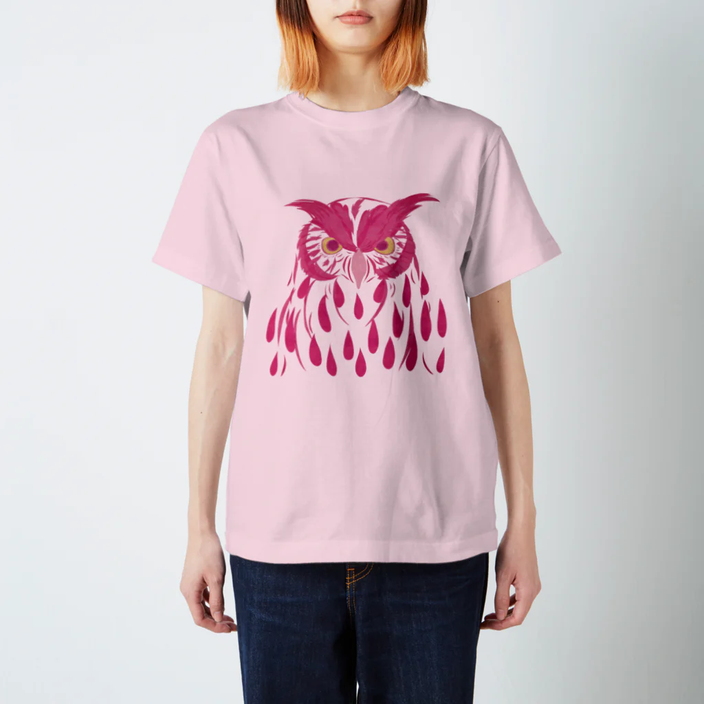 ツルマルデザインのフクロウ・ピンク スタンダードTシャツ