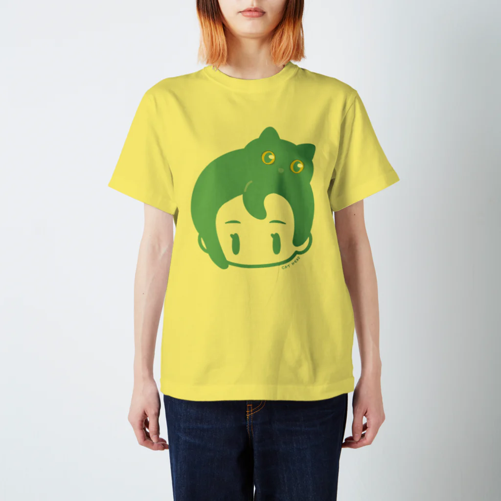 AI作家さむねこの作品集のねこあたま｜グリーン スタンダードTシャツ