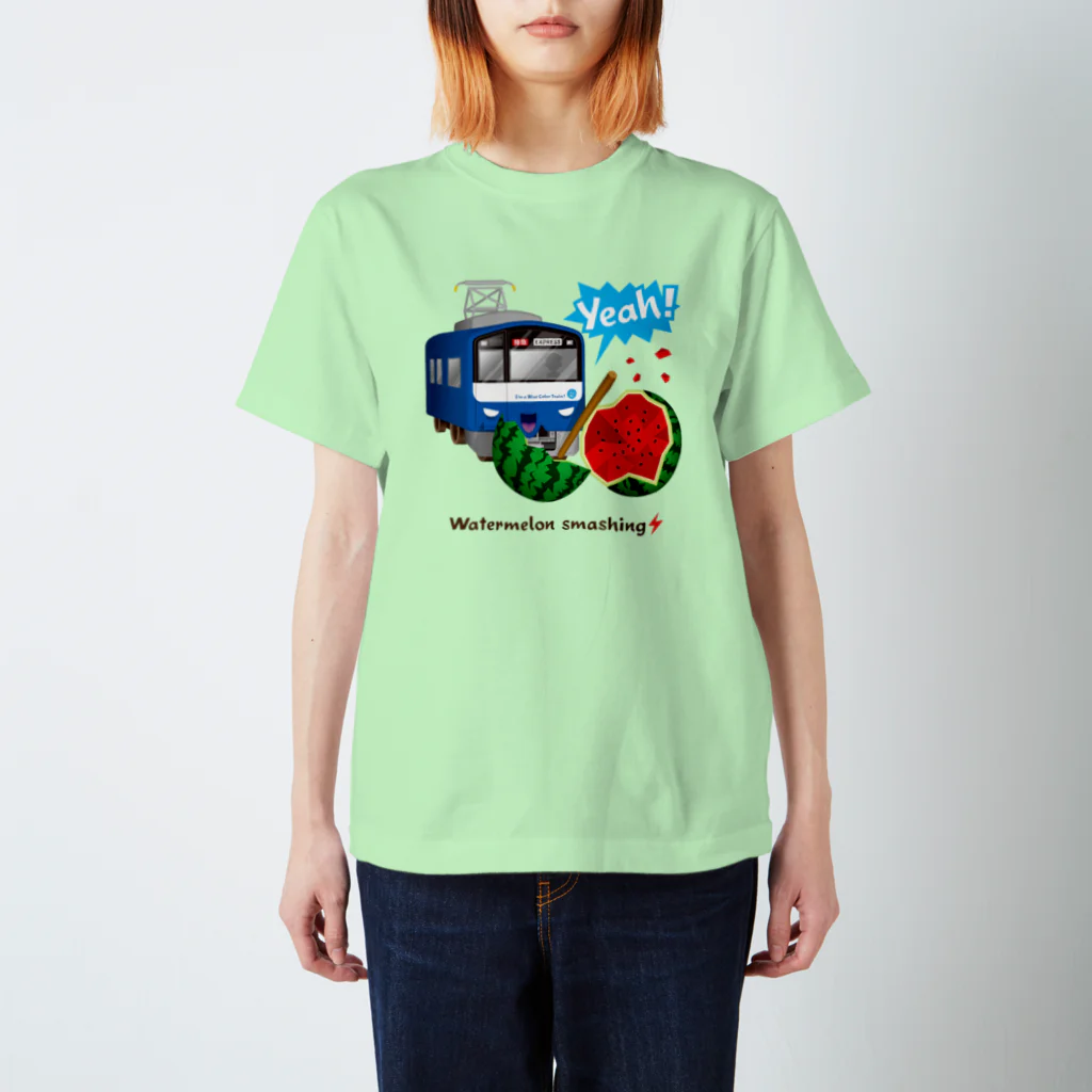 Train Kids! SOUVENIR SHOPの青い電車 「 スイカ割り 」 Regular Fit T-Shirt