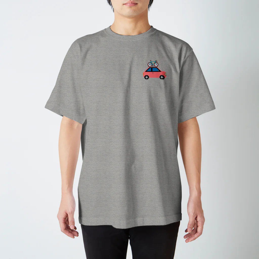 のりものドット絵Tシャツのサイクルキャリア ワンポイント（クルマ：コーラル） 티셔츠