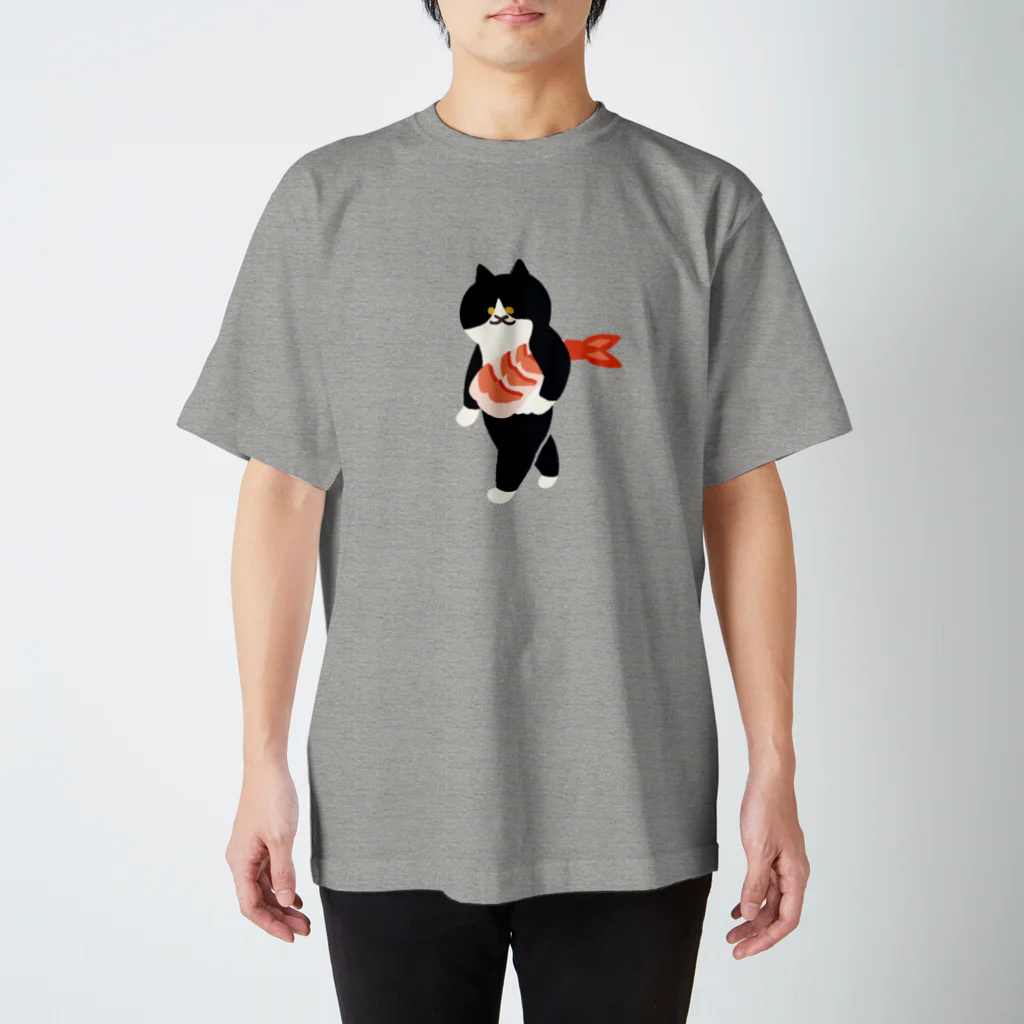 SUIMINグッズのお店の【大】海老の握り寿司を機嫌よく運ぶねこ 티셔츠