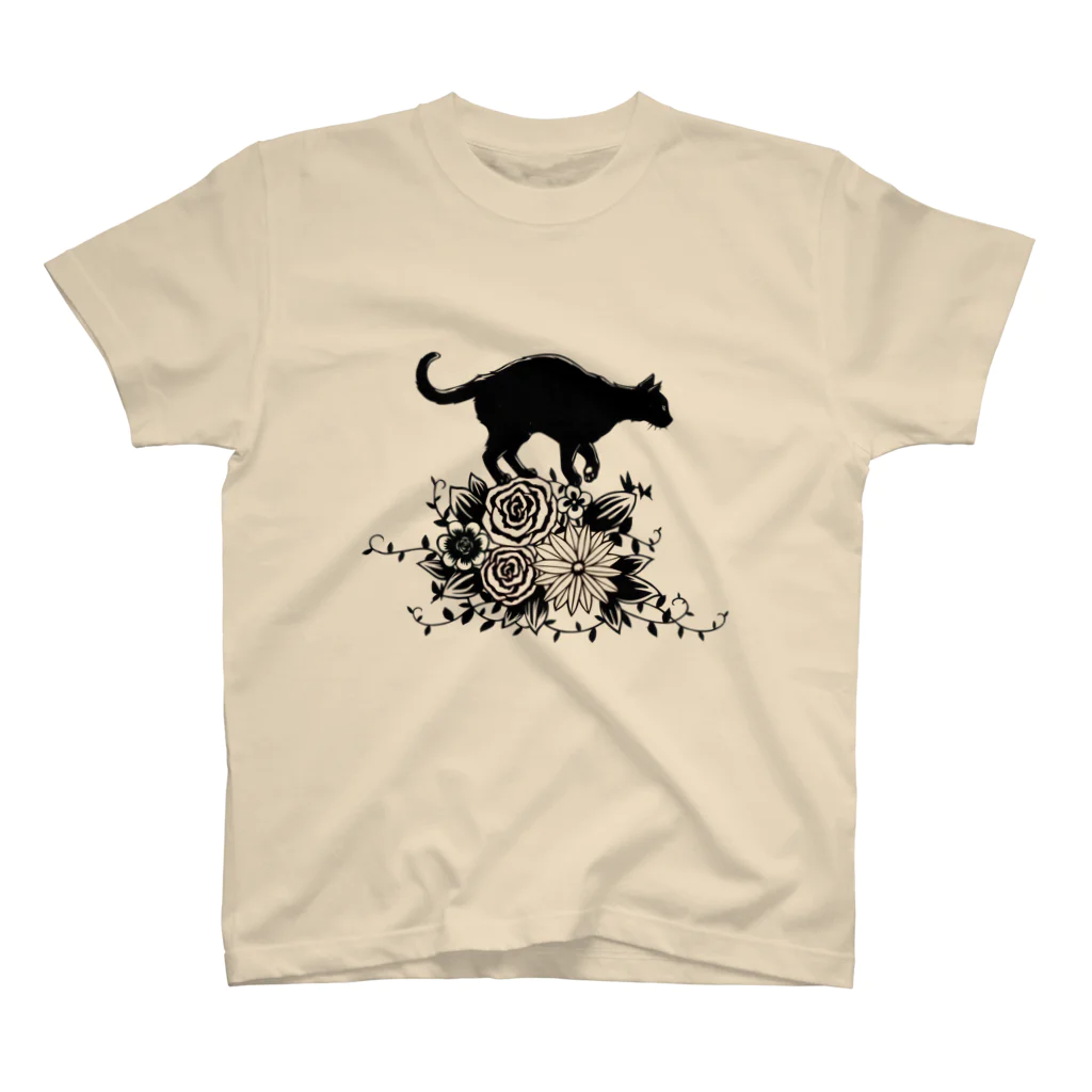 切り絵草太の花に乗る猫 スタンダードTシャツ