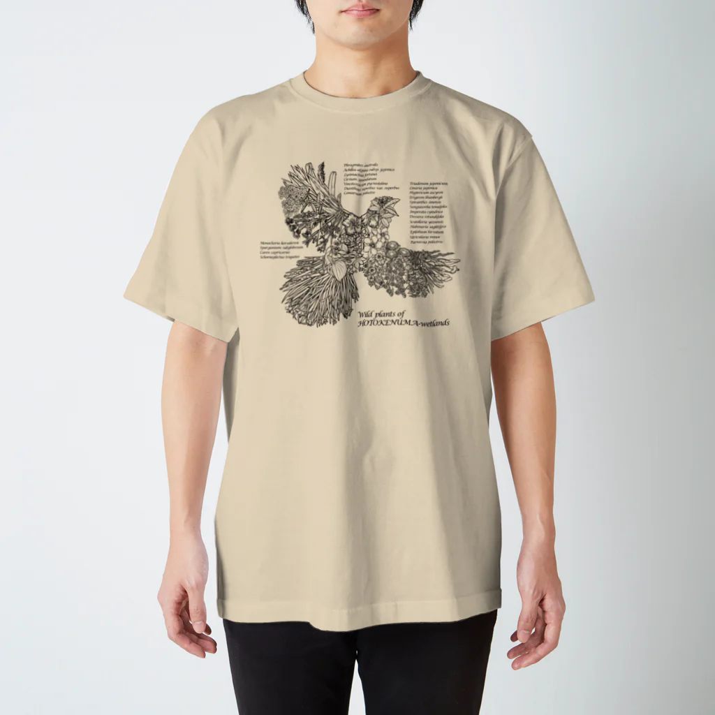 雁花工房（寄付アイテム販売中です）のWild plants of HOTOKENUMA-wetlands（黒） スタンダードTシャツ