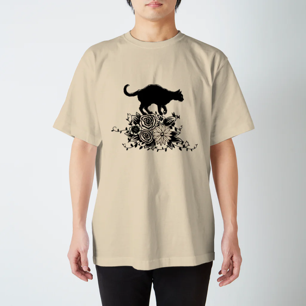 切り絵草太の花に乗る猫 スタンダードTシャツ