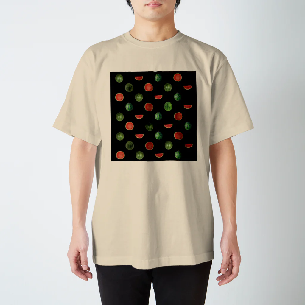 MOTU_Designの（小）スイカ 西瓜 Watermelon dot（ブラック） 水玉 スタンダードTシャツ