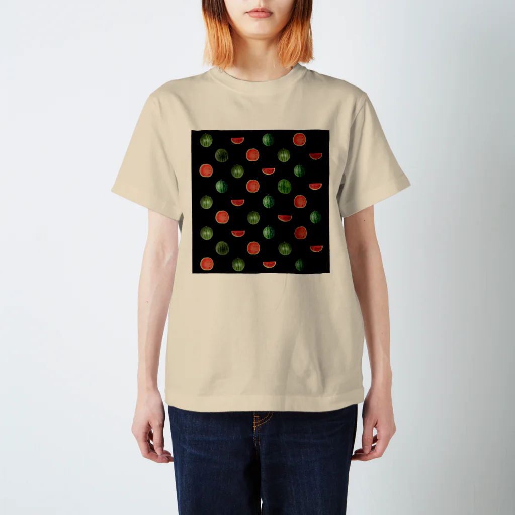 MOTU_Designの（小）スイカ 西瓜 Watermelon dot（ブラック） 水玉 スタンダードTシャツ