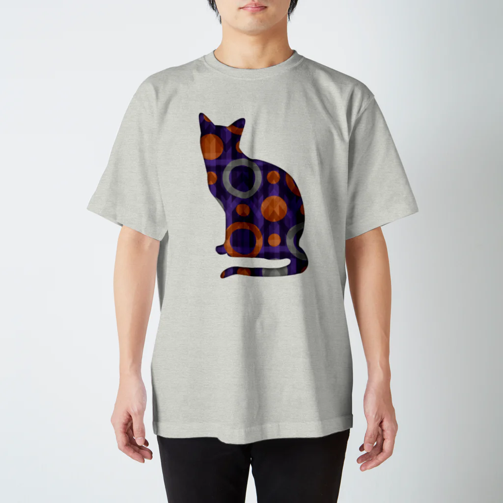 dizzyの猫ねこシルエット🐱ハロウィンカラーのレトロな幾何学模様 スタンダードTシャツ