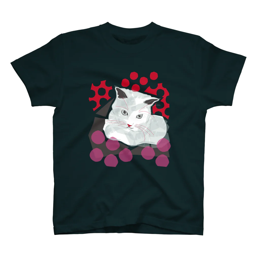 ねこじゃらしの水玉と猫 -polka dots and cat-（赤桃） スタンダードTシャツ