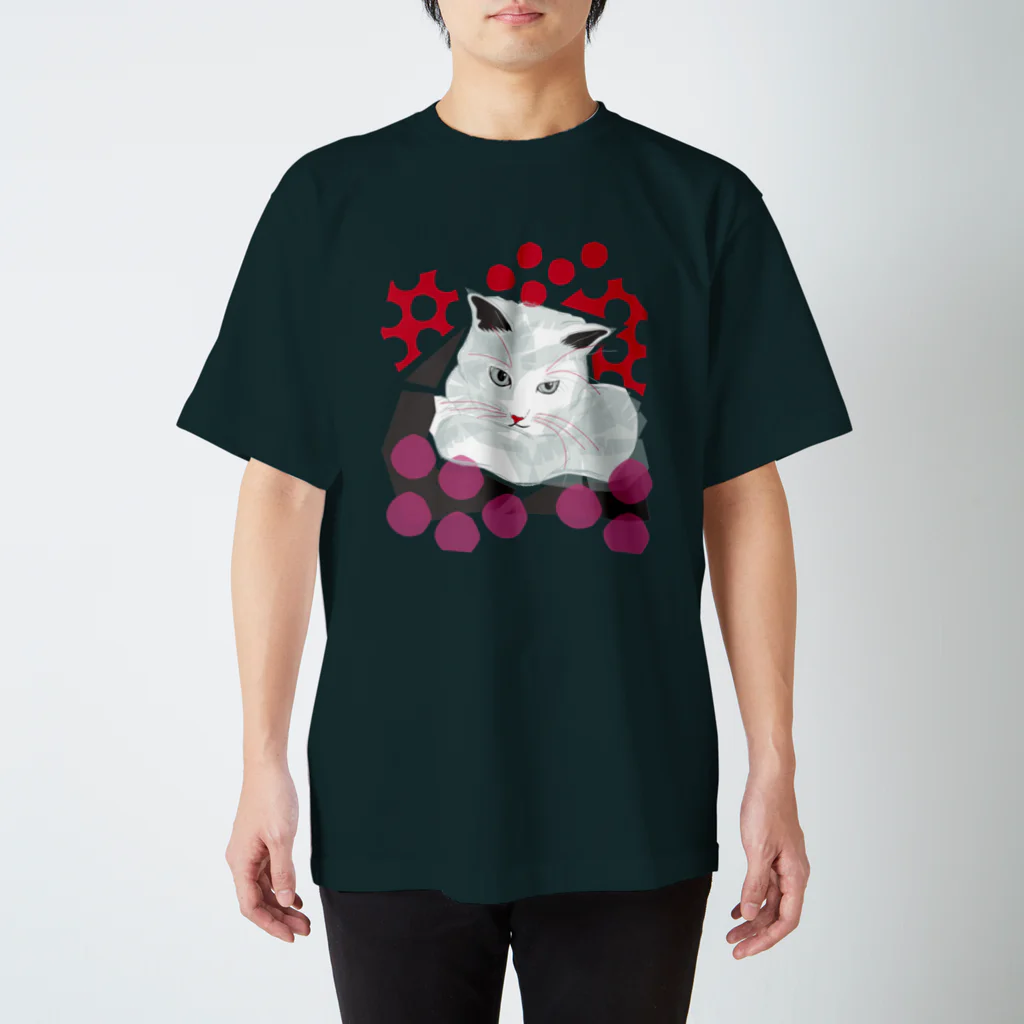 ねこじゃらしの水玉と猫 -polka dots and cat-（赤桃） スタンダードTシャツ