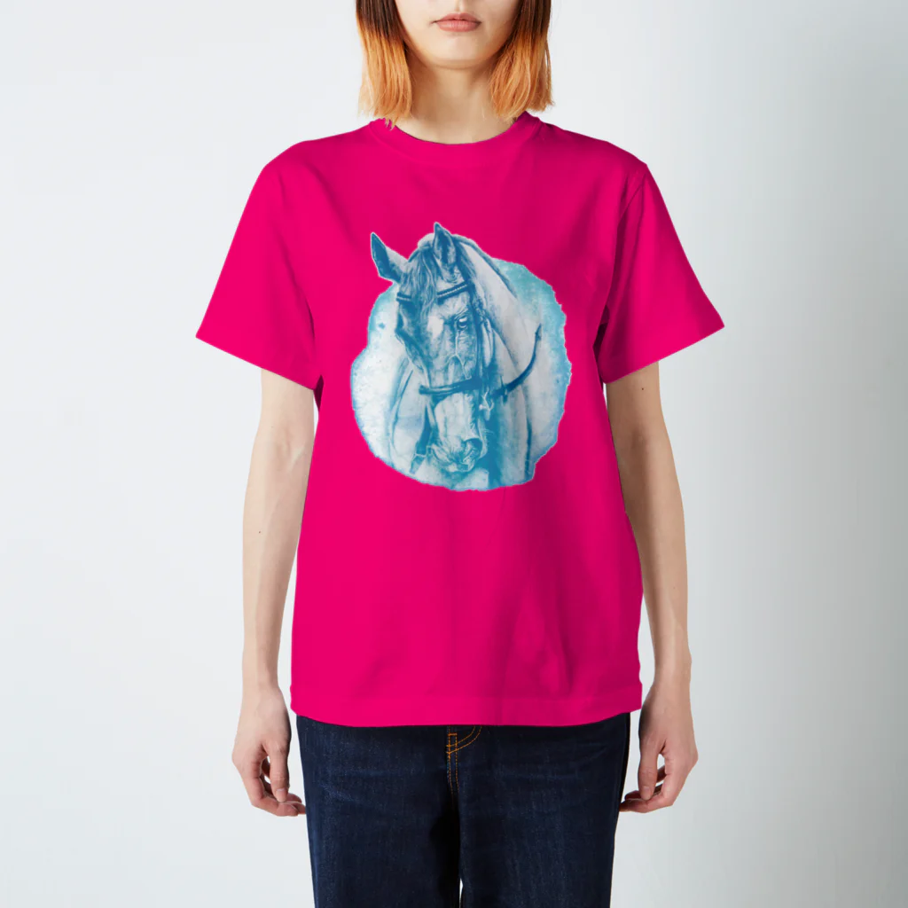 馬の絵の画家　斉藤いつみのサラブレッドのお顔Tシャツ（ブルー） スタンダードTシャツ