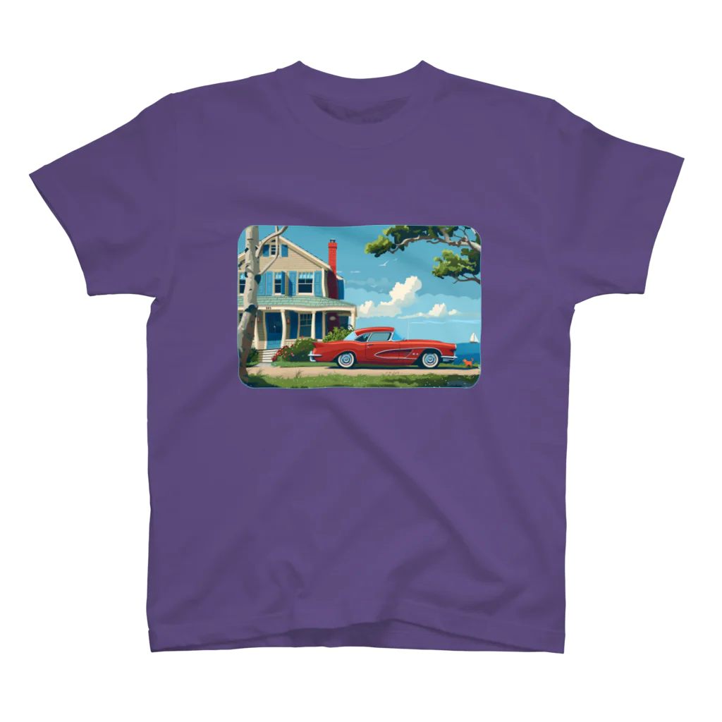 MistyStarkの赤いコルベットと海辺の家　－　red corvette and seaside house　－ スタンダードTシャツ