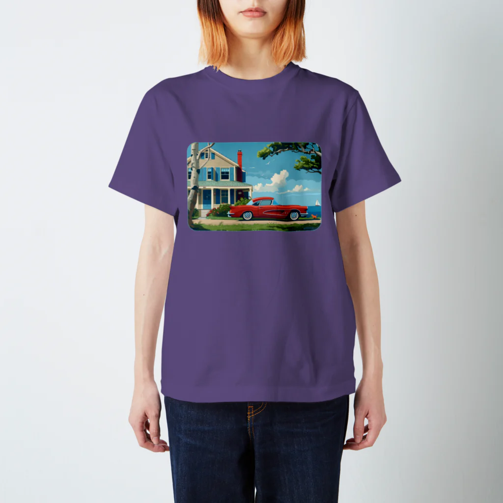 MistyStarkの赤いコルベットと海辺の家　－　red corvette and seaside house　－ スタンダードTシャツ