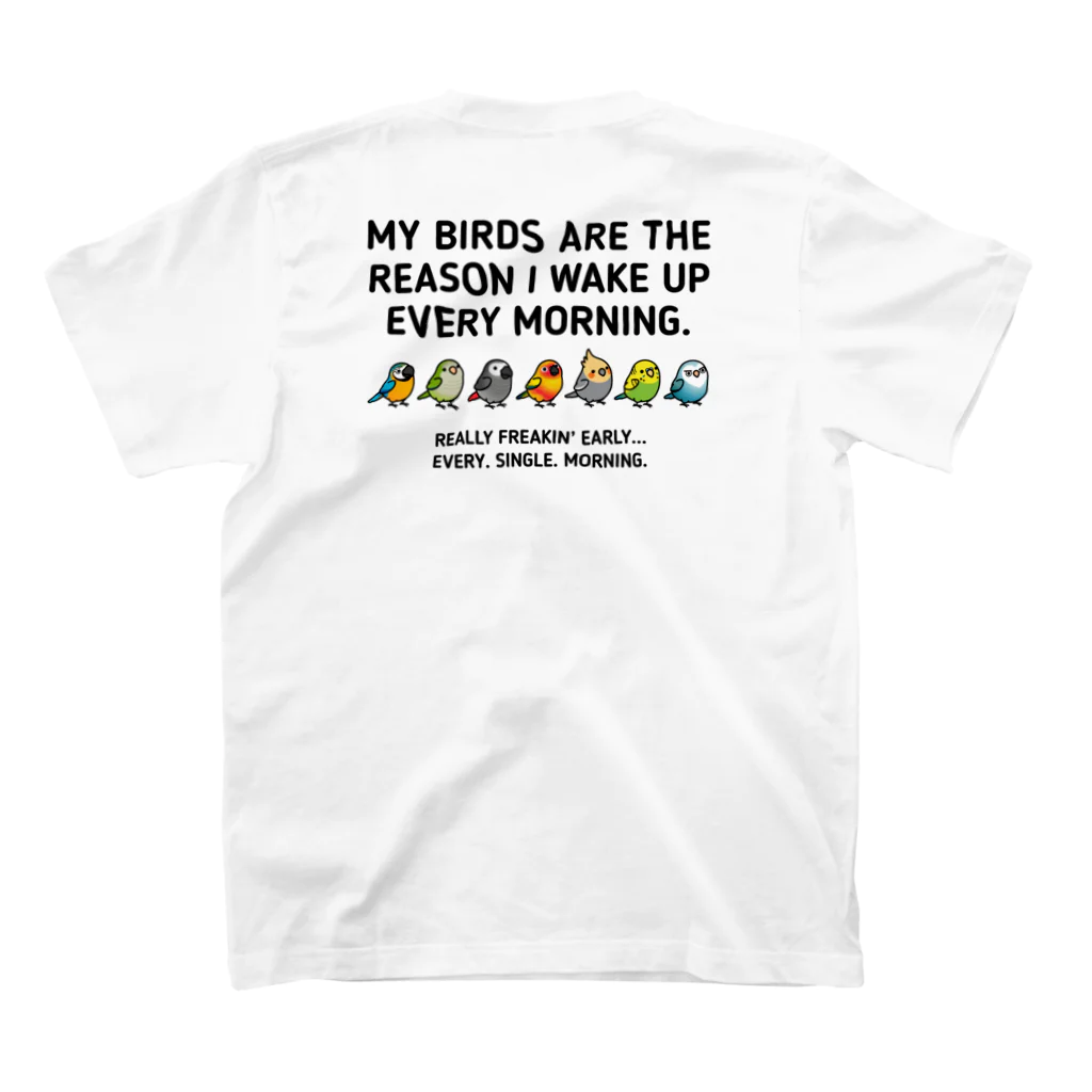 Cody the Lovebirdの（両面）仲良しインコ（表面）+ モーニングバード (背面）Chubby Bird スタンダードTシャツの裏面