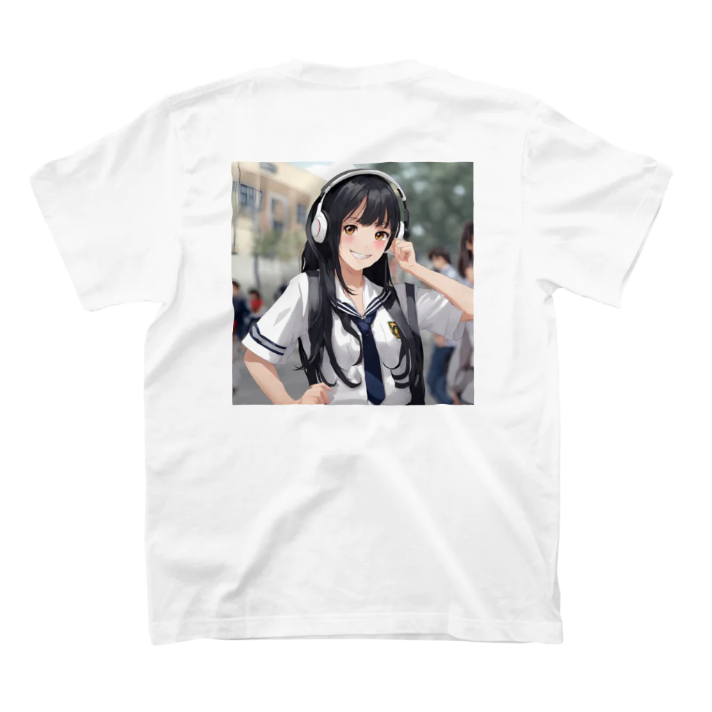 可愛いは正義！の笑顔のセーラー服女子高生　ヘッドフォン スタンダードTシャツの裏面