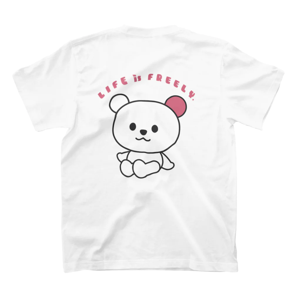 森のきのこ製作所のおとぼけシロクマPIKO　自由に生きようTシャツ　ピンク スタンダードTシャツの裏面