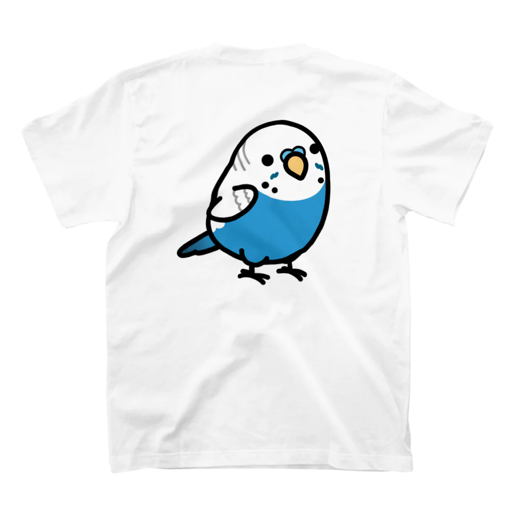 Cody the Lovebirdの【両面】Chubby Bird（背面）セキセイインコ　ブルー男の子　（表）セキセイインコ大集合 Regular Fit T-Shirtの裏面