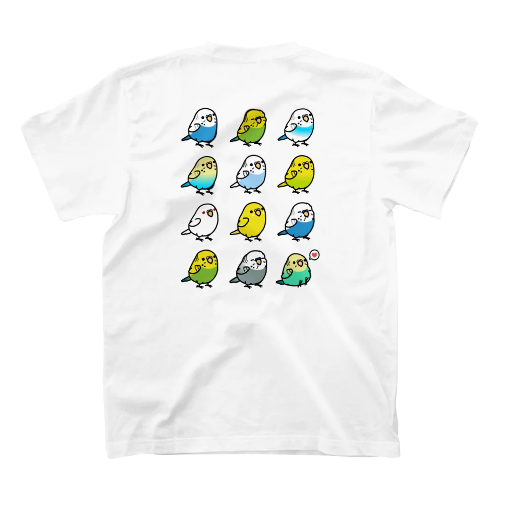 Cody the Lovebirdの（両面） Chubby Bird オカメインコ大集合　＆　セキセイインコ大集合 スタンダードTシャツの裏面