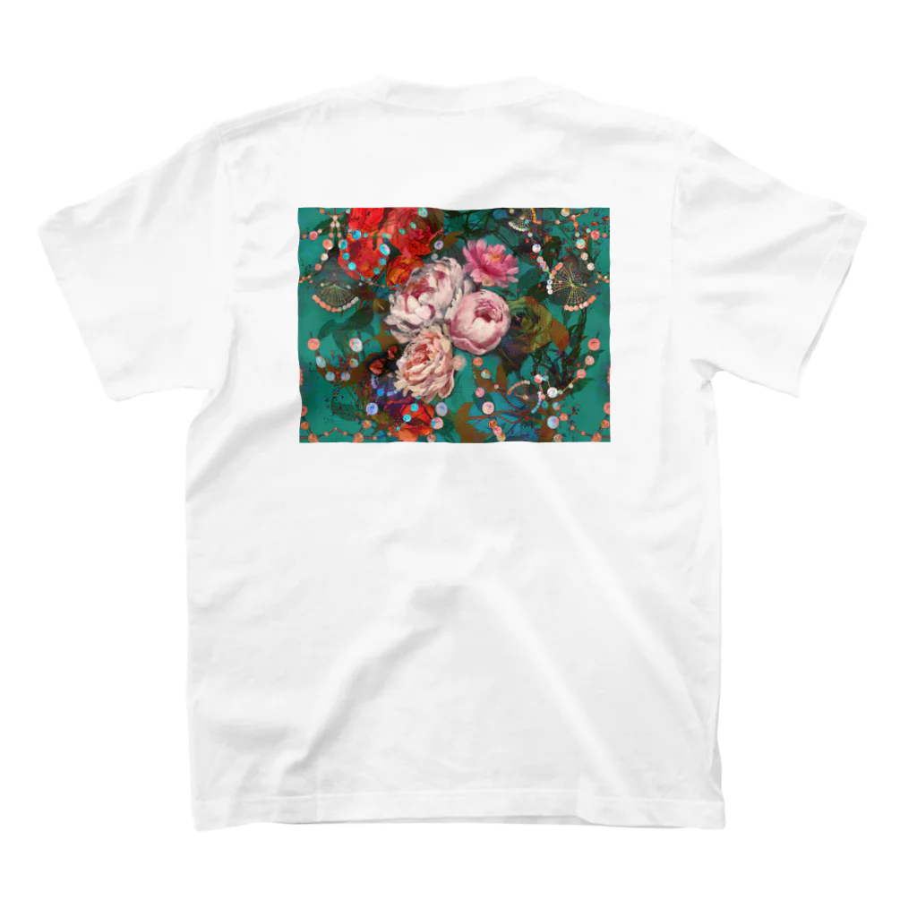 NORIMA'S SHOP の薔薇、芍薬、牡丹のボタニカルブーケと螺鈿模様の壁紙イラスト スタンダードTシャツの裏面