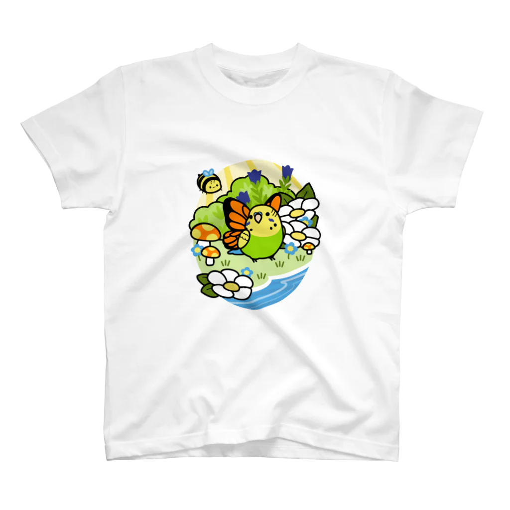 Cody the LovebirdのChubby Bird セキセイインコの妖精 Matcha 一緒に森を守ろう！ スタンダードTシャツ