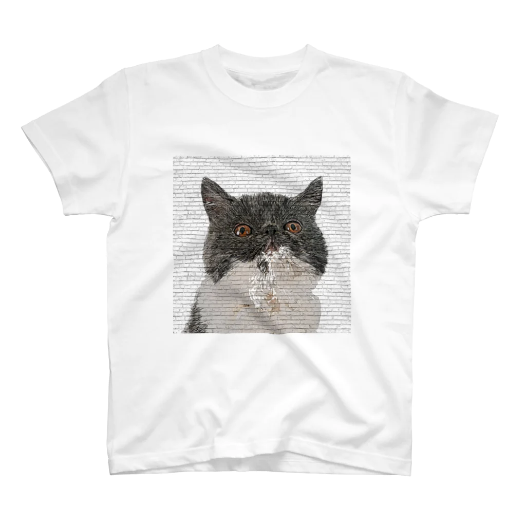 【CPPAS】Custom Pet Portrait Art Studioのブサかわいいエキゾチックショートヘアの子猫-レンガブロックの背景 Regular Fit T-Shirt