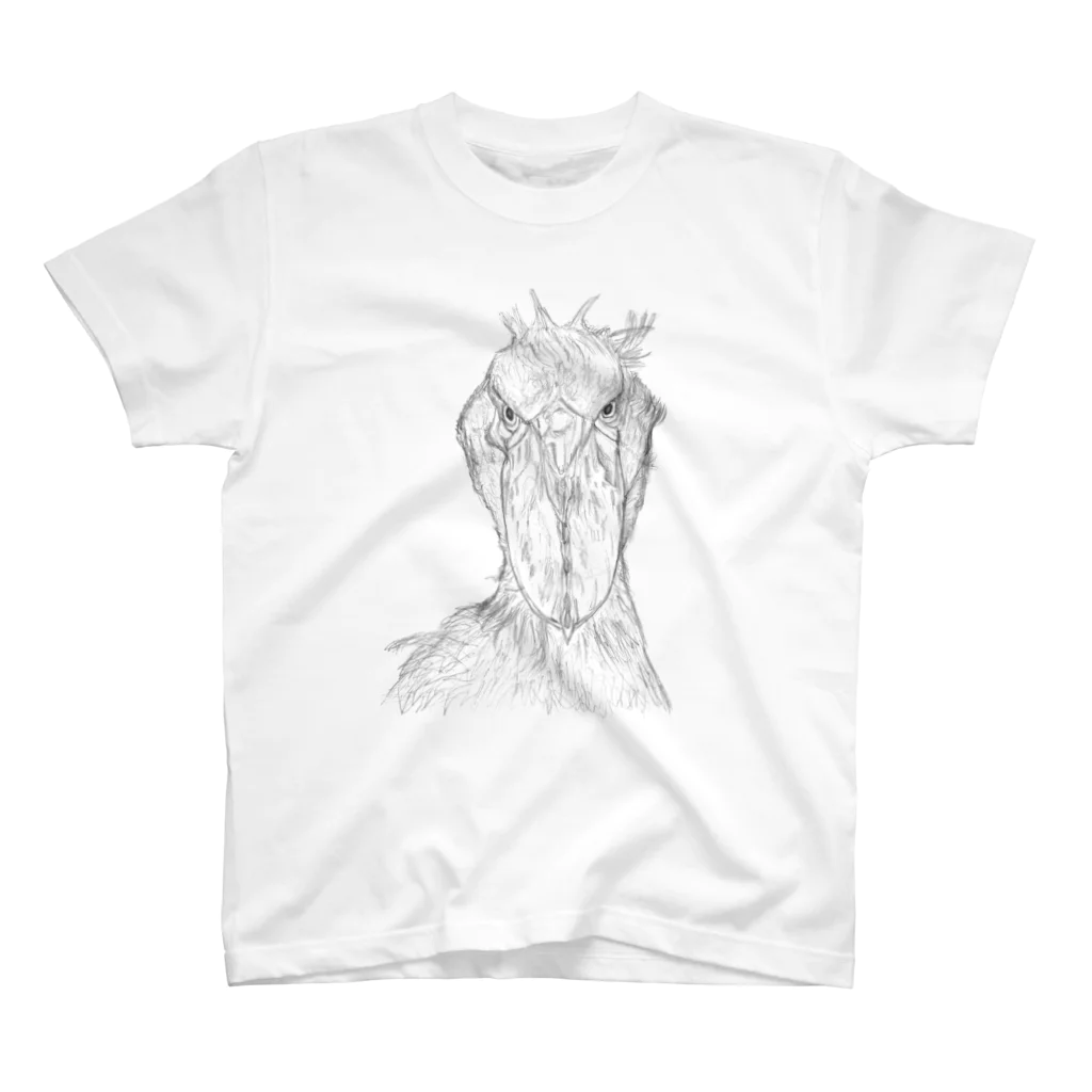 森図鑑の[森図鑑] ハシビロコウの顔 鉛筆画 Regular Fit T-Shirt