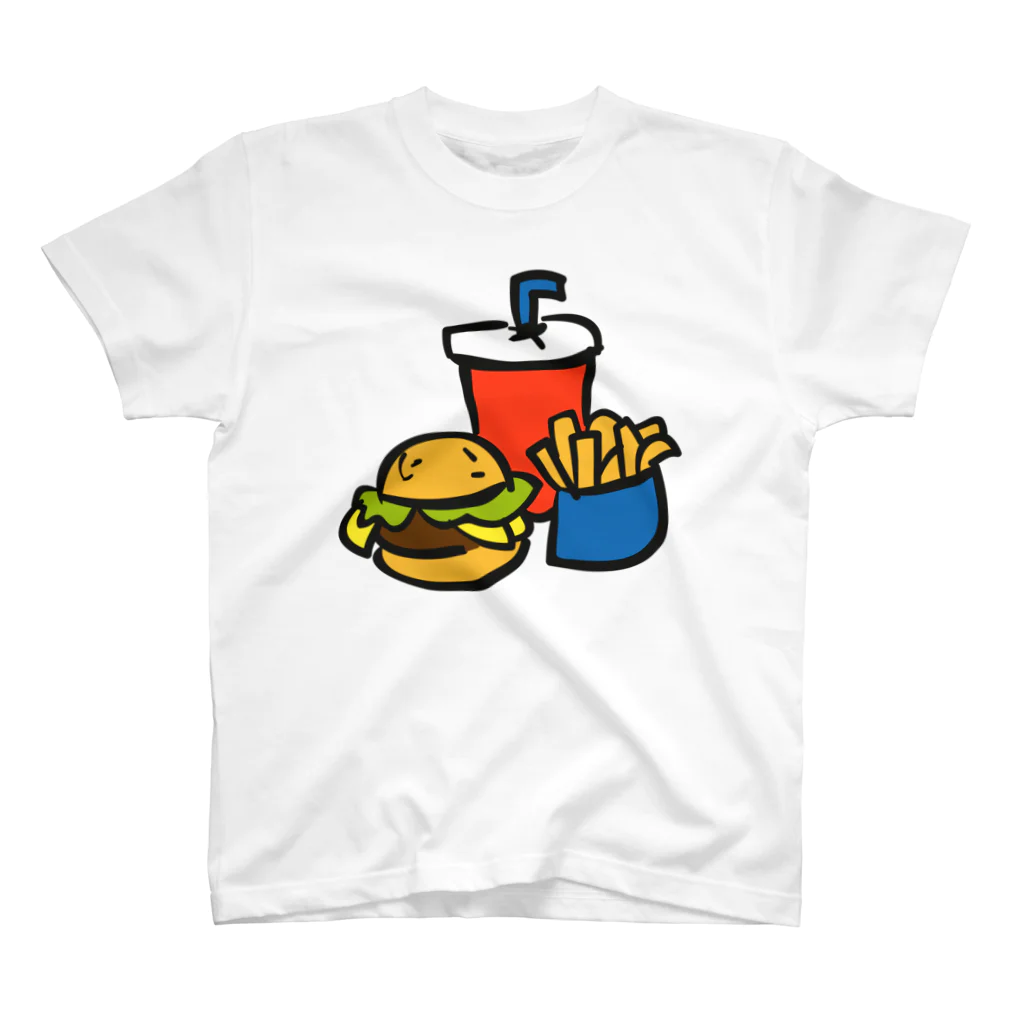 ぽっぷんすたんぷ -POP’N STAMP-のハンバーガーとポテトとドリンクのセット ---カラフルでポップなフードデザインTシャツ--- スタンダードTシャツ