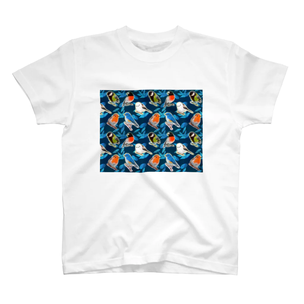 NORIMA'S SHOP の落ち葉のコラージュとかわいい野鳥たち スタンダードTシャツ