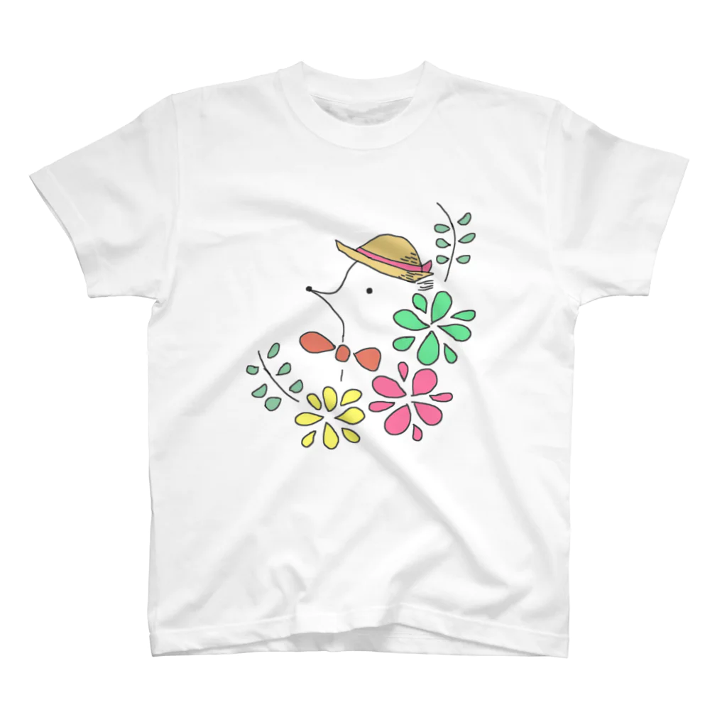 usagi-cuteのハリネズミのはりっちょ　with flower カラーver   スタンダードTシャツ