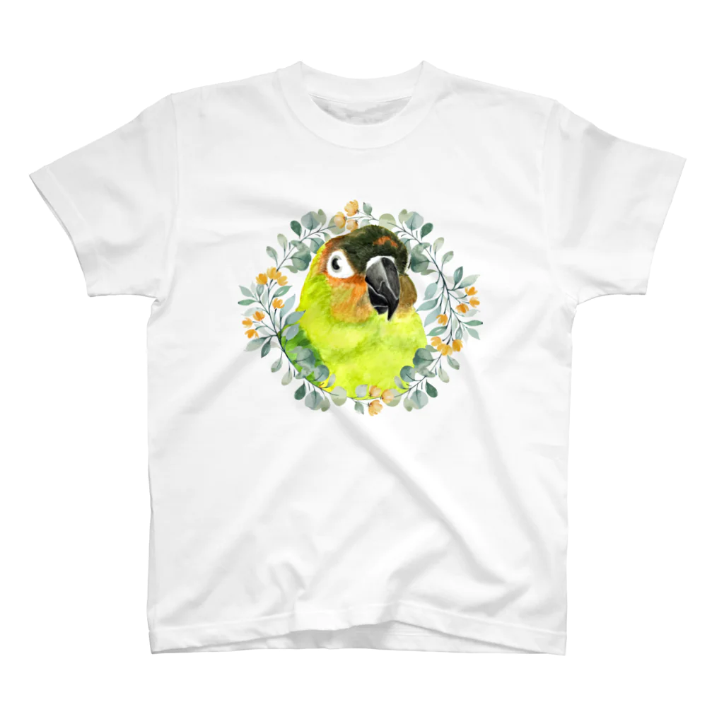 mariechan_koboの020 クロカミインコ(ハイブリッド)　オレンジ小花のリース スタンダードTシャツ