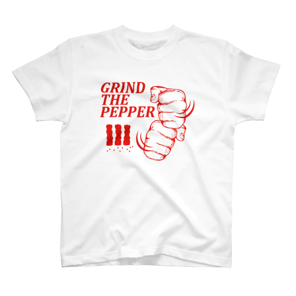 オノマトピアのペッパーミル・パフォーマンス（GRIND THE PEPPER）文字赤 Regular Fit T-Shirt