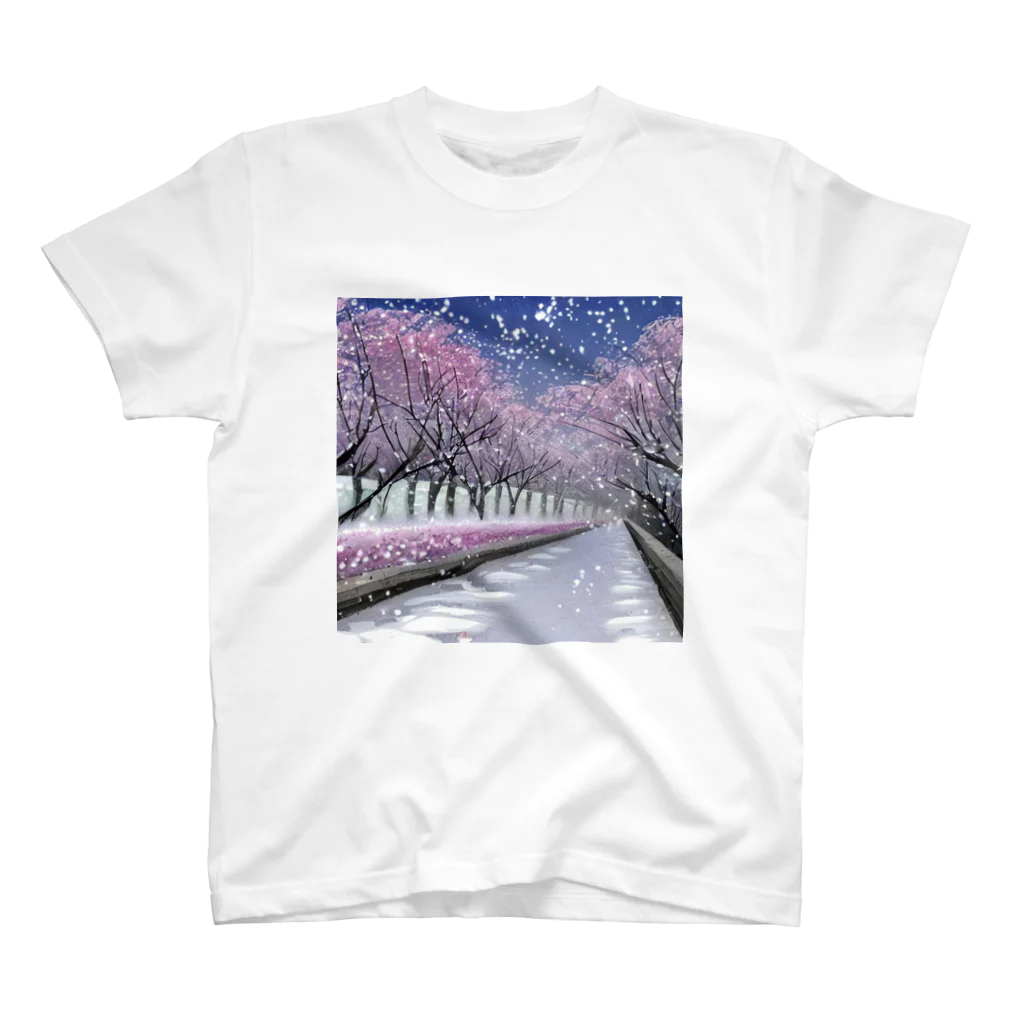 Yossy's Item Factoryの夜の桜並木に雪 スタンダードTシャツ