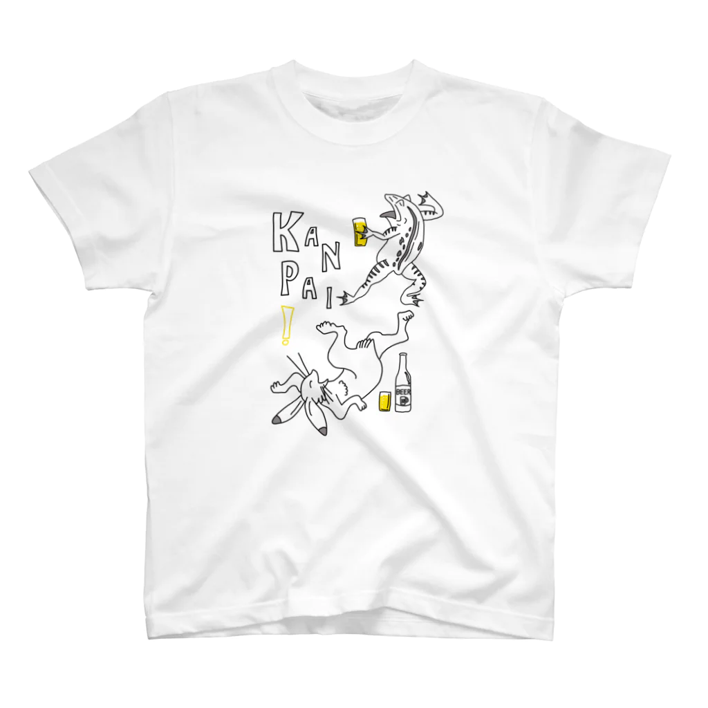 ビールとアート TM-3 Designの名画 × BEER（鳥獣戯画）ロゴ賑やかver.黒線画 Regular Fit T-Shirt