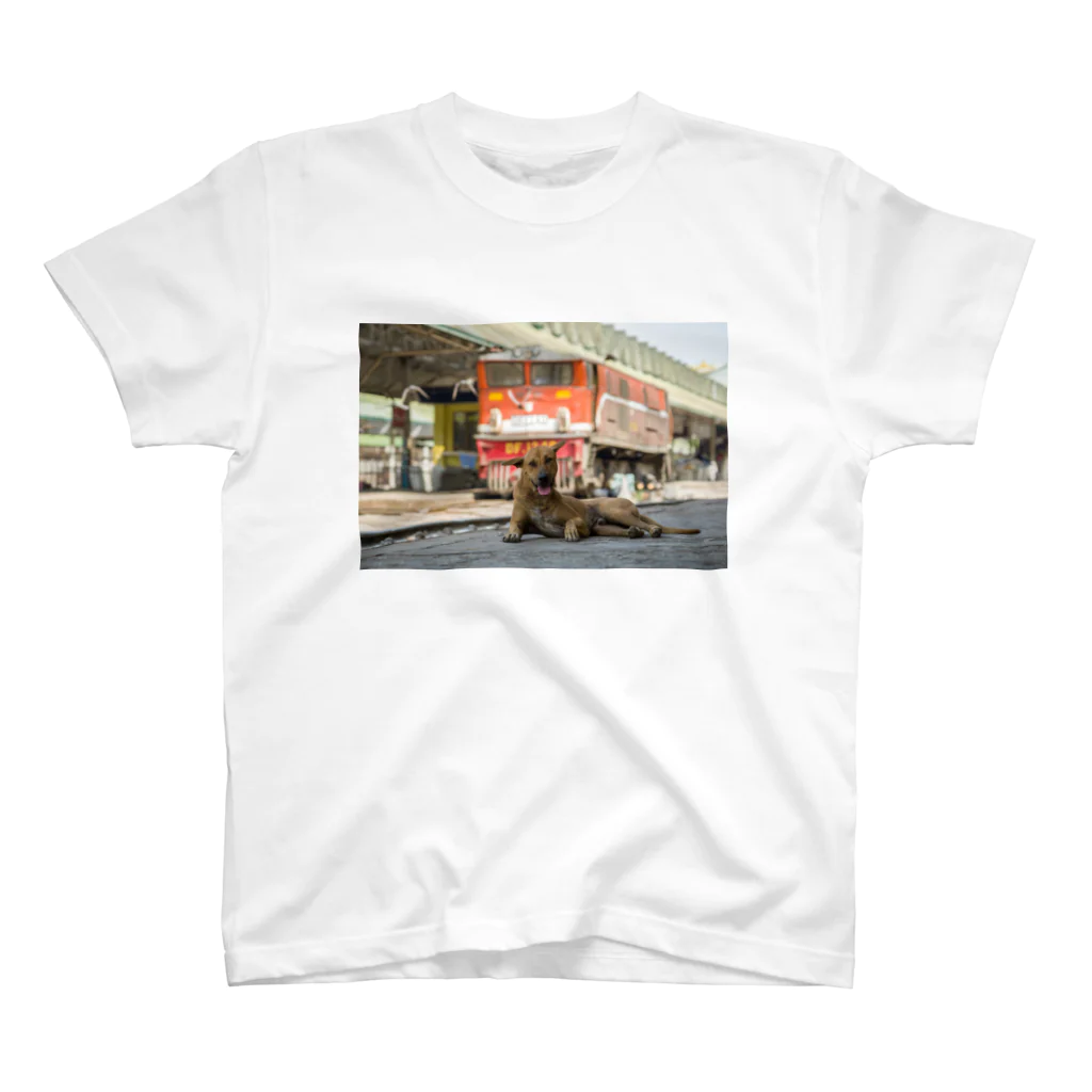 Second_Life_of_Railwaysのミャンマー国鉄ヤンゴン駅のプラットホームで寛ぐ野良犬 Regular Fit T-Shirt