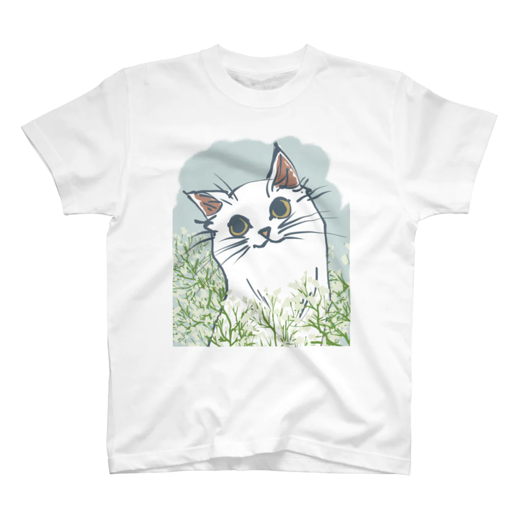KuRoBeeの白猫とカスミソウ スタンダードTシャツ